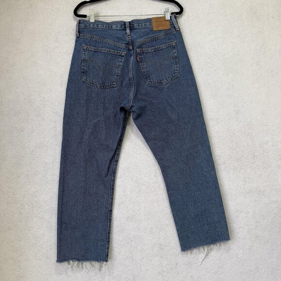 Levis 501 Jeans Womens 29x30 Blue Denim High Rise Straight Button Fly Raw Hem - Picture 7 of 13